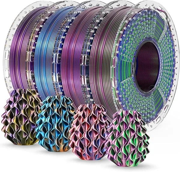 Yoopai SUNLU Silk PLA+ Filament Multicolor 250gx4, Silky Glossy PLA Plus 3D Printer Filament Bundle for Bambu Lab 3D Printers, BlackGoldPurple+RedYellowBlue+OrangeBlueGreen+BlueGreenPurple