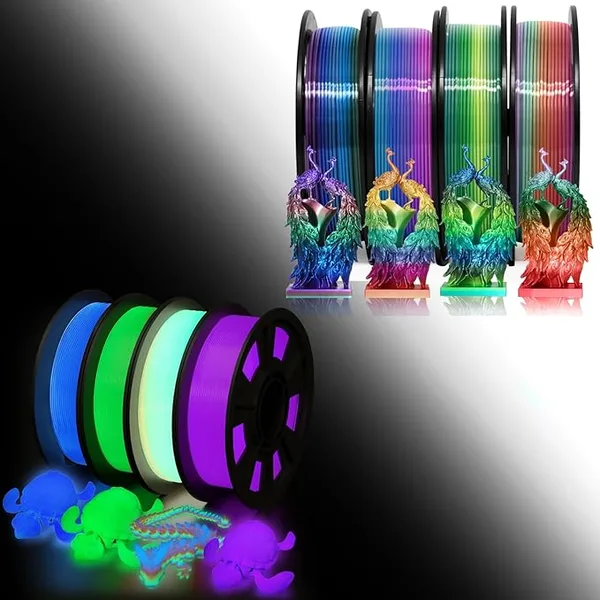 Yousu YOUSU 3D Printer Filament Bundle, Glow in The Dark Filament Multicolor, Green, Blue, Purple and Rainbow, Silk Rainbow PLA Filament, 250g X 4 Pack