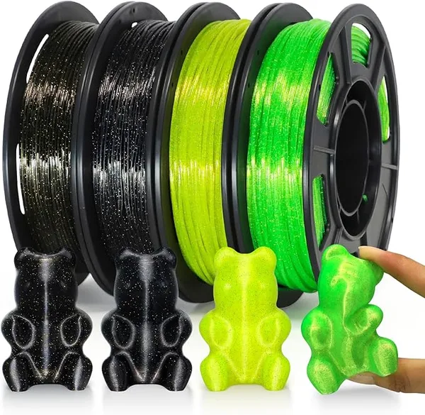 Yousu YOUSU Transparent Galaxy TPU Filament Bundle, 95A (42D) Flexible Soft 3D Printer Filament, TPU Galaxy with Starry Sparkle Effect,250g Spool,4 Rolls, Black Gold+Colored, Transparent Yellow+Green